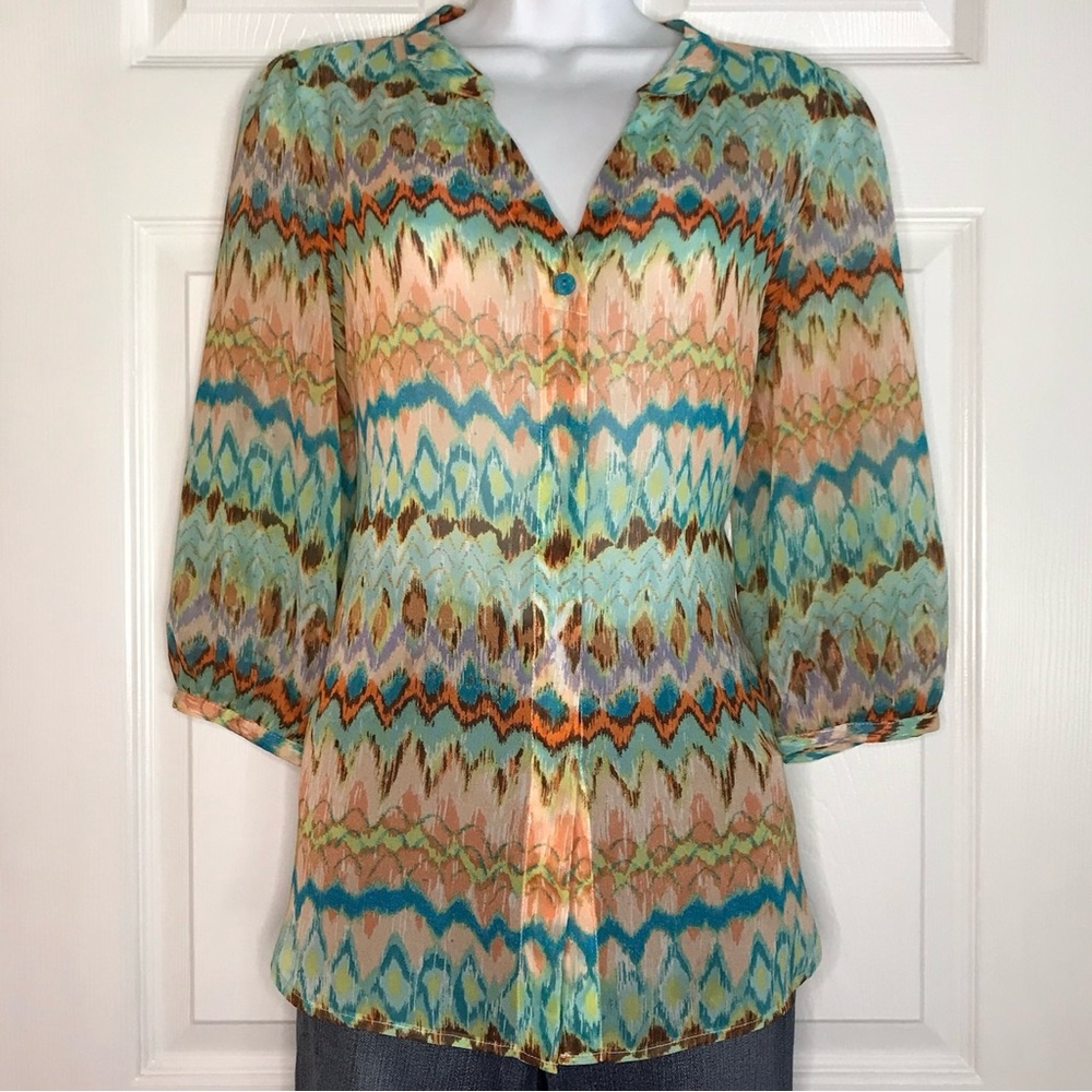 Jade Melody Tam Women’s Multicolor Chevron V-Neck Button-Down Blouse M